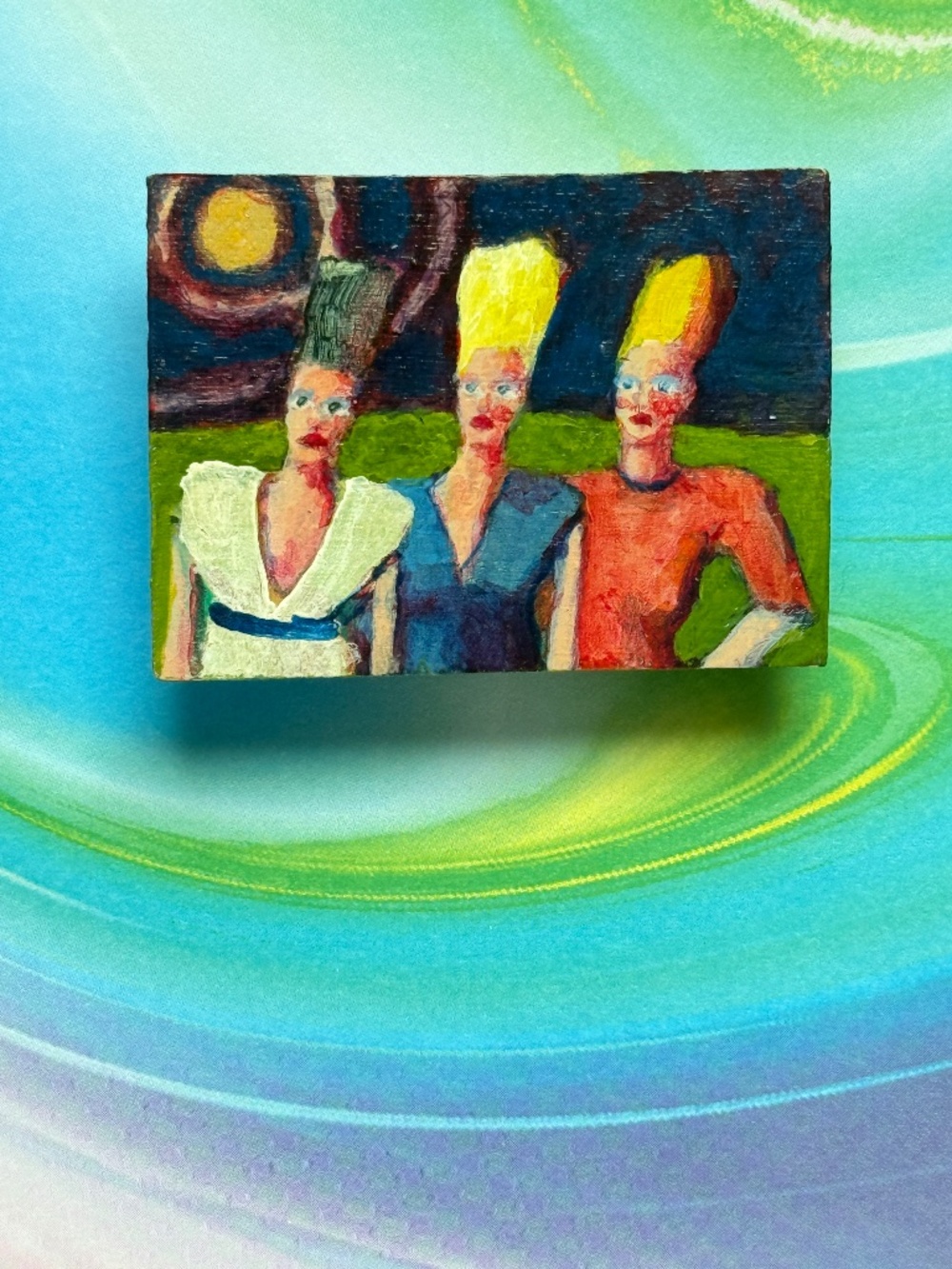 VINTAGE ARTISAN "Foreign Moon" Painted Three Women Brooch